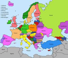 a map of europe with all the major cities and their names in bright colored colors