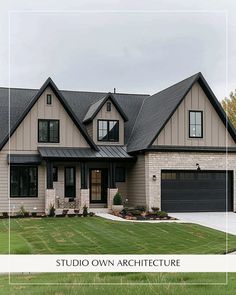 a large house with two garages on the front and side of it, surrounded by lush green grass