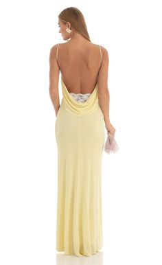 Mira Lace Open Back Maxi Dress in Yellow | LUCY IN THE SKY Light Yellow Prom Dress, Yellow Satin Dress, Yellow Formal Dress, Light Yellow Dresses, Silk Yellow Dress, Yellow Long Dress, Silk Prom Dress, Yellow Bridesmaid Dresses, Prom Dresses Yellow