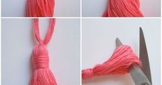 four pictures showing how to make a tasseled scarf with yarn, scissors and thread