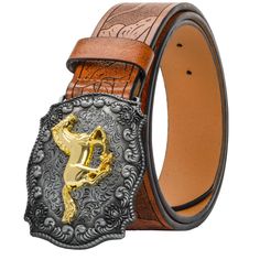 PRICES MAY VARY. Three Size Information: Golden Texas Buckles belt measures about 6.2cm/2.5" in width, about 8.6cm/3.3" in length. Leather belt width: 3.8cm/1.5"; leather belt length 100cm/39" for 63.5-76cm/25-30" waist; 110cm/43" for 79-86cm/31-34" waist; 120cm/47" for 86-96.5cm/34-38" waist. you can wear directly, and the 7 belt holes provide sufficient adjustment space to achieve comfort Durable Materials:Our the brown western country leather belt is made of quality leather,engraved with flor Buckles Belt, Big Buckle Belt, Cowboy Buckle, Longhorn Bull, Leather Engraved, Cowboy Costume, Leather Engraving, Nice Belts, Cowboy Belt