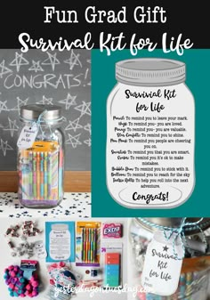 a jar filled with colorful pencils next to a sign that says fun grad gift survival kit for life