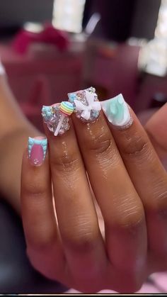 Teal Short Square Nails, Stellitoes Nails Short, Short Duck Nails With Charms, Baby Blue Duck Nails, Short Duck Junk Nails, Shirt Duck Nails, Cute Duck Nails With Charms, Short Duck Nails Design Ideas, Blue Charm Nails