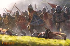 a group of men dressed in medieval armor battle with one laying down on the ground