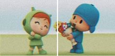 two cartoon characters are holding flowers in their hands and one is looking at the other