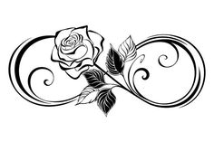 a black and white drawing of a rose with swirls on the bottom, in the shape of an o