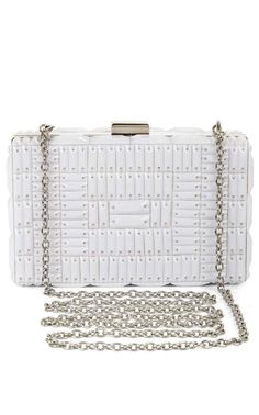 The intricate beading and compact design of this clutch make it a luxurious, tote-worthy option for adding a sleek finish to evening style. Box clutch. Textured, bead-embellished finish. Interior slip pocket. Removable strap. Signature hardware clasp at top. Plastic. Color: white White Shoulder Bags, Birkin Handbags, Beaded Boxes, Plastic Items, Box Clutch, Beaded Clutch, Signature Hardware, Evening Clutch, Black Crystals