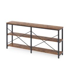 a wooden shelf with metal legs and two shelves on each side, against a white background