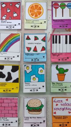 many different cards with pictures of food and words on them, all in different colors