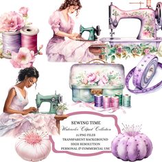 sewing time clipart set with pink flowers and items for needleing, machine embroidery