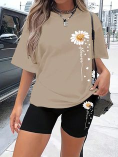 Floral & Slogan Graphic Drop Shoulder Tee & Biker Shorts Khaki Casual    Figure,Floral,Letter,Plants  Medium Stretch  Women Clothing, size features are:Bust: ,Length: ,Sleeve Length: Stand Collar Top, Fall Stuff, Color Block Sweatshirt, Sweatpants Set, Biker Shorts, Casual Shoes Women, Two Piece Outfit, Shopping List