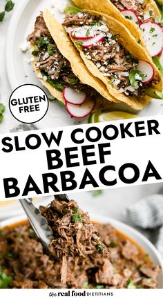 slow cooker beef barbacoa recipe on a white plate with text overlay