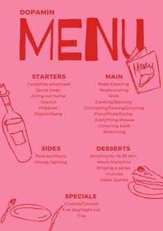 @Tinak2124 Dopamine Menu Ideas Aesthetic, Dopamine Journal, Dopamine Menu Ideas, Appetizer Menu, Self Care Bullet Journal, Improve Mental Health, Menu Ideas, Glow Up Tips, Mental And Emotional Health