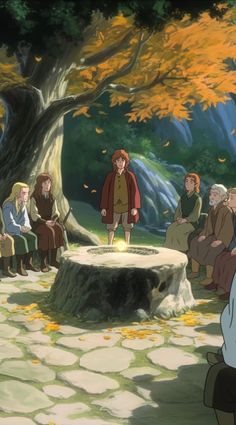 an animated scene with people sitting around a fire pit