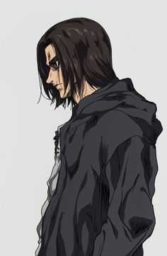 an anime character with long black hair and dark eyes, wearing a hoodie jacket