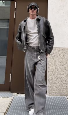 Winter Aesthetic Fits Men, 90s Classy Fashion Men, Leather Racer Jacket Men Outfit, Men Poses Street, Vegas Outfits Nightlife Men, High Fashion Winter Outfits Men, French Men Street Style, Model Off Duty Outfits Men, Washed Black Denim Jacket Outfit