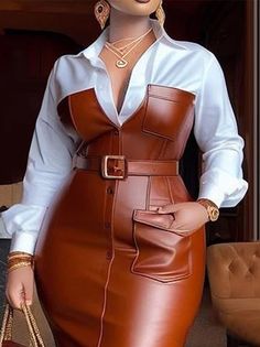 Identity Switch, Grown Style, Bodycon Shirt, Urban Shirt, Fashion Black And White, Pu Skirt, Leather Midi Dress, Curvy Dress, Fashion Elegant