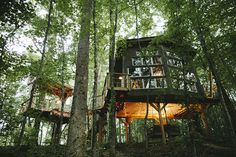 the tree house is lit up in the woods