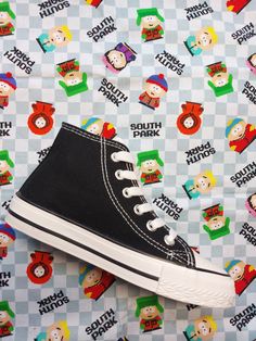 This is not a licensed Paramount Product. It is however, handcrafted from Licensed Paramount Fabric purchased from a licensed supplier. I am not affiliated with or sponsored by Paramount. My prices reflect the cost of the shoe and my time to apply the fabric.  I do not charge for the fabric. Fantastic Licensed South Park fabric, hand decorated canvas high top shoe. Great for South Park enthusiasts.  Customised Sides: You can choose the option to have just the outside of your shoes customised, (the ankle sides) and leave the instep sides blank = Option Outsides only. Or or you can choose both the ankle sides and the instep sides, (the whole shoe) = Option Outsides and Insides. Also, please message me when buying, which basic shoe colour you would like from all white, all black or black with High-top Custom Sneakers For Skateboarding, High-top Sneakers With Rubber Toe Cap For Skateboarding, White-sole High-top Skate Shoes With Rubber Toe Cap, High-top Canvas Sneakers For School, School Lace-up High-top Sneakers With Rubber Sole, High-top Canvas Shoes With Laces, Lace-up High-top Sneakers With Rubber Sole For School, High-top Canvas Shoes With Vulcanized Sole, High-top Canvas Shoes For Skateboarding With Vulcanized Sole