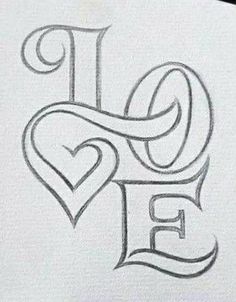 a drawing of the word love with two hearts in it's middle and an i heart on top