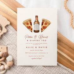 a pizza and beer themed baby shower is shown