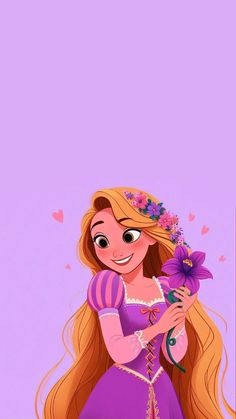 the princess with long blonde hair and purple dress holding a flower in her right hand