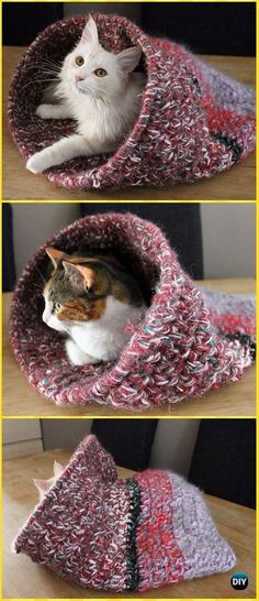 two pictures of a cat laying in a crocheted pet bed