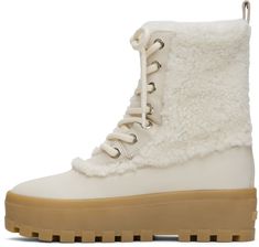 Ankle-high handcrafted shearling and buffed sheepskin boots in off-white. · Waterproof · Lace-up closure · Pull-loop at collar · Logo hardware at outer side · Shearling lining · Logo embossed at heel · Lugged rubber platform sole · Platform: H2 Supplier color: Cream Sheepskin Boots, Ankle Boots, Lace Up, Off White, Luxury Fashion, Collar, Cream, Boots, Heels