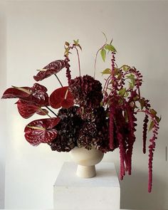 a white vase filled with lots of different types of flowers on top of a table