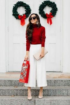 Womens Christmas Day Outfits, Christmas Socks Outfit School, New Year’s Eve Work Outfit, Holiday Luncheon Outfit Work, Holiday Work Outfits Christmas, Womens Holiday Outfits Christmas, Christmas Outfit Ideas For Women Red, Christmas Gathering Outfit Ideas, Christmas Ootd Ideas