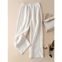 Season:Summer,Spring; Fabric:Cotton; Gender:Women's; Style:Fashion,Streetwear; Elasticity:Micro-elastic; Occasion:Vacation,Street,Casual,Casual Daily; Function:Breathability,Comfortable; Waistline:High Waist; Pattern:Plain; Design:Pocket,Elastic Waist,Baggy; Pants Type:Pants Trousers,Wide Leg,Baggy Pants; Front page:FF; Listing Date:07/07/2023; Production mode:External procurement; Hips:; Length:; Waist:; Pants Length:Full Length White Lenin Pants Outfit, Single Clothes, Casual Trends, Casual Bottoms, Linen Color, Wide Leg Linen Pants, Linen Pants Women, Straight Trousers, Pants Straight