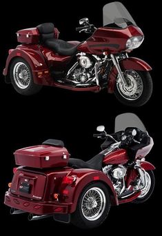 two motorcycles side by side on a black background, one is red and the other is white