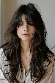 Wispy Bangs Half Up Half Down, Shah Haircuts For Women, Expensive Brunette Curly Hair, Long Hair For Oval Face Shape, Long Haircut For Oval Face, Asian Haircut Medium Layered, Bangs And Wavy Hair, Unique Haircuts For Long Hair, 90s Haircuts Medium