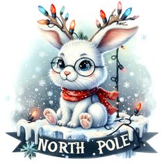 a white rabbit with glasses and christmas lights on it's head is sitting in front of a banner that says north pole