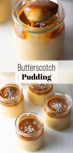 butterscotch pudding in small glass jars with spoons on the side and text overlay that reads butterscotch pudding