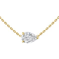 Timeless and elegant, this east-west pear diamond necklace is made with sustainably created diamonds and comes is three diamond sizes and three metal colors. Shape: Pear, Color: J, Clarity: VS1, Carat Weight: three options. Metal: 14k gold, Setting: Four-prong, Chain Length: 16-18", Chain Width: 1 mm. ~This necklace is made to order and is not eligible for return or cancellation~ **NOTE: please allow 12 business days for this necklace to be handcrafted prior to shipping** Pear Diamond Necklace, Rings Everyday, Pear Shaped Diamond Necklace, Chrysoprase Jewelry, Rose Gold Pendant Necklace, Tiny Diamond, Pear Diamond, Pear Shaped Diamond, Bezel Diamond