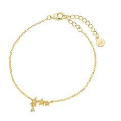 Embrace the mystery of the cosmos and add a touch of flair to your day with the Stella triple stars gold charm bracelet. This fun minimalist charm bracelet is made with 14-karat gold vermeil for easy hypoallergenic wear and durability. A unique triple star gold charm with a delicate dangling charm element adds movement and intrigue to your wrist. Featuring adjustable lobster charm closure, this star charm bracelet makes a perfect gift for yourself or another superstar in your life! -14K Gold Ver Star Charm Bracelet, Stars Gold, Star Cluster, Gold Charm Bracelet, Star Bracelet, The Cosmos, Star Charms, Gold Charm, Cz Stone