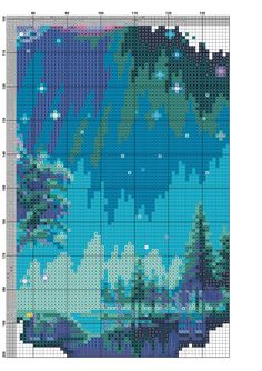 a cross stitch pattern with trees and water