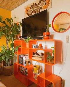 an orange shelving unit in a living room with potted plants and a television