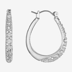 Set ablaze by light-catching crystals, these silver-tone hoop earrings by Liz Claiborne are a must-have for any glamorous occasion.Metal: Silver-tone metalStones: Clear crystalsDimensions: 1.25 inchJewelry photos are enlarged to show detail.Features: HypoallergenicEarring Back: PostEarrings Style: Hoop EarringsCountry of Origin: Imported Silver Crystal Hoop Earrings For Pierced Ears, Silver Hoop Crystal Earrings For Anniversary, Crystal Hoop Earrings For Anniversary, Nickel-free Hoop Crystal Earrings, Silver Metal Hoop Crystal Earrings, Silver Crystal Hoop Earrings With Diamond Accents, Silver Crystal Small Hoop Earrings, Silver Hoop Earrings With Diamond Accents And Crystal, Silver Sparkling Crystal Hoop Earrings