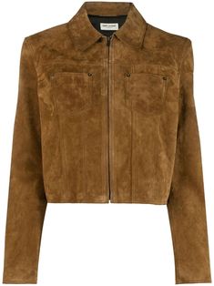 tobacco brown calf leather tonal stitching classic collar front zip fastening long sleeves two chest patch pockets straight hem cropped Jacket Outfit Women, Designer Leather Jackets, Lambskin Jacket, Brown Suede Jacket, Leather Blazer, Suede Jacket, Leather Jackets Women, Faux Leather Jackets