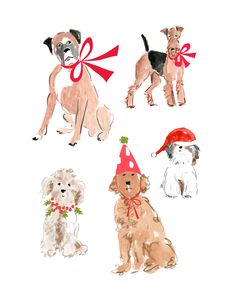 four dogs with hats and bows on their heads, one is wearing a santa hat