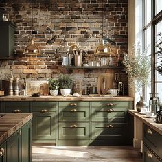 a brick wall in a kitchen with green cabinets and counter tops, potted plants on the window sill