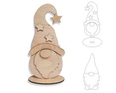 a wooden toy with an image of a gnome's hat and stars on it