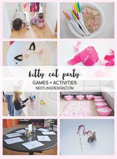 a collage of photos with the words kitty cat party games and activities on it