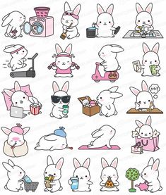 some bunny stickers are on the back of a white sheet with pink and blue designs