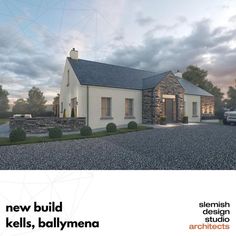 a white house with a car parked in front of it and the words new build kells, baymena