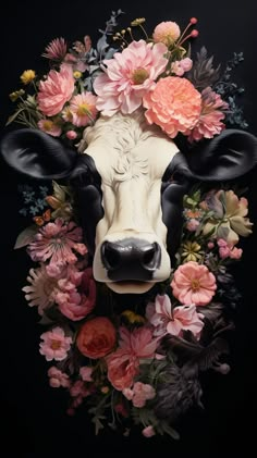 a cow is surrounded by flowers and leaves