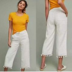 Anthropologie White Linen Pom-Pom Ankle Pants, Fully Lined, Zipper And Button Closure Side Pockets Back Pockets Belt Loops Nwt Size Small Ettitwa Side Zip Pants, Lounge Pants Womens, Cropped Jumpsuit, Slim Trousers, Belted Pants, Slim Leg Pants, Cropped Flares, Flare Trousers, Pink Pants