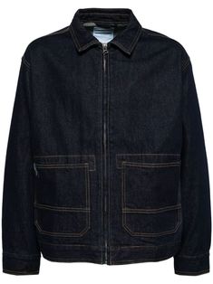 dark blue cotton denim front zip fastening classic collar two front patch pockets mini logo tag contrast stitching buttoned cuffs buttoned hem long sleeves straight hem Worker Jacket, Mini Logo, Mini Logos, Logo Tag, Balenciaga Triple S, Dress Watch, Custom Watch, Short Suit, Derby Shoes